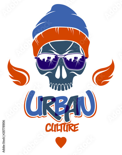 Urban culture style skull in sunglasses vector logo or emblem, gangster or thug illustration, anarchy chaos hooligan, ghetto theme.