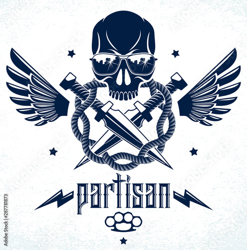 Anarchy and Chaos aggressive emblem or logo with wicked skull, weapons and different design elements , vector vintage scull tattoo, rebel gangster criminal and revolutionary.