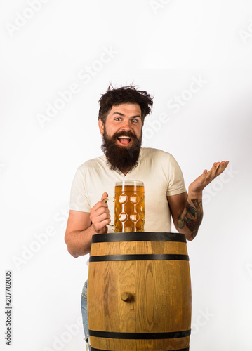 Barman. Beer in Germany. Man tasting draft beer. Beer pub and bar. Bearded man holds glass with delicious ale. Brewery concept. Oktoberfest. Bearded man drinking ale. Brewer. Craft beer at restaurant.