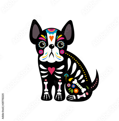 Day of the dead, Dia de los moertos, dogs skull and skeleton decorated with colorful Mexican elements and flowers. Fiesta, Halloween, holiday poster, party flyer. Vector illustration