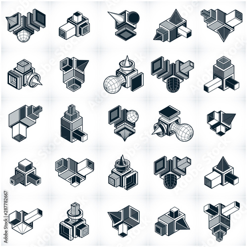 3D designs, set of abstract vector shapes.