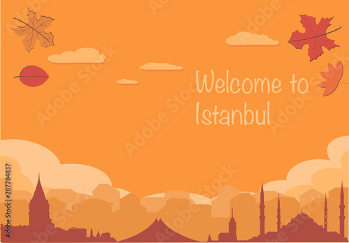 Istanbul silhouette autumn leaves. Skyline illustration, clouds, bridge, collage icon, city panorama river