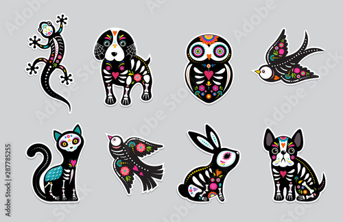 Day of the dead, Dia de los moertos, animals skulls and skeleton decorated with colorful Mexican elements and flowers. Fiesta, Halloween, holiday poster, party flyer. Vector illustration