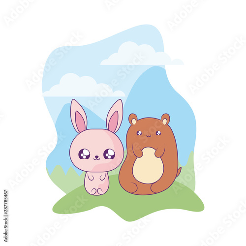 cute rabbit with bear baby animals kawaii