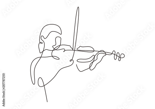 Violinist minimalism drawing continuous line one hand drawn vector. Girl playing music classical instrument.