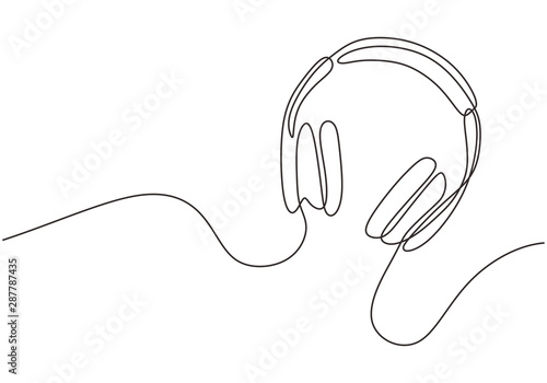 Headphones with music and technology symbols Vector illustration isolated on white background. Continuous line drawing. Audio device drawing by simple one single lines