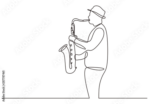 continuous one line drawing of saxophone player. Wind music instruments concept single line draw design illustration