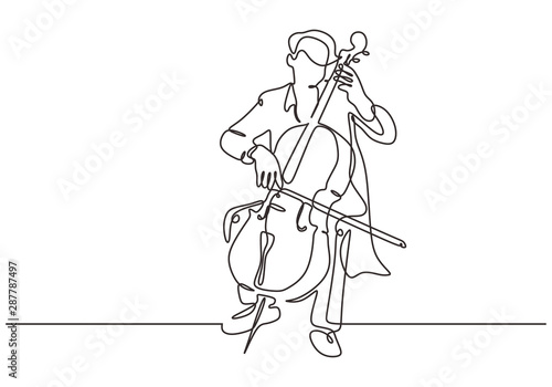 Continuous one line cello music instrument. Person playing classical music instrument. Performance of man with orchestra theme on the stage.