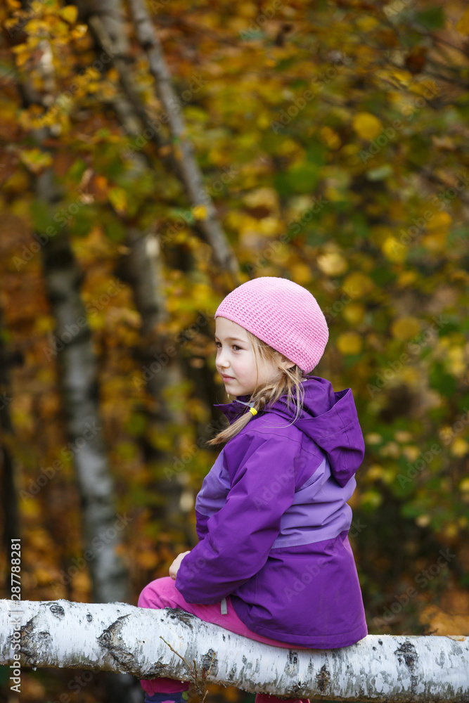 Girl in the woods, sitting on a birch log Girl in the woods, sitting on a birch log
