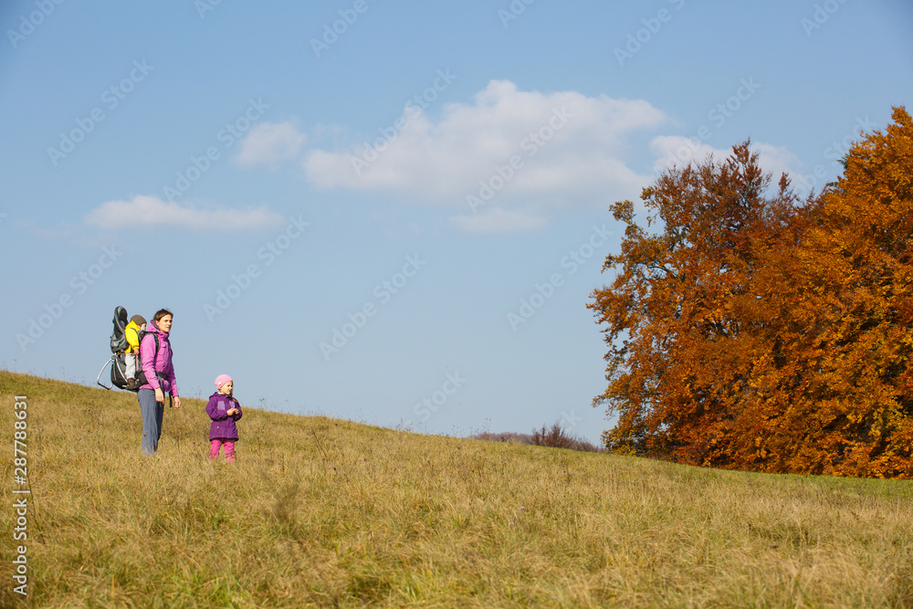 Mother with children hiking on a nice autumn day carrying kid
