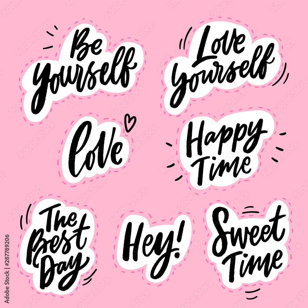 Set of Hand lettering words stickers. Modern calligraphy slogan elements for print, decor.