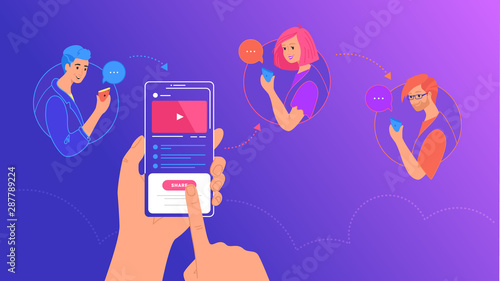 Mobile content sharing to friends vector illustration of young people sharing posts in social media