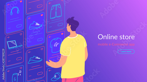 Young man looking at ecommerce favorite items cards, doing shopping, enjoying online services and networks