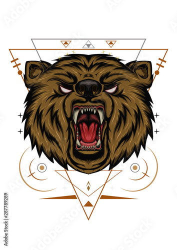 Furious angry face of terrible bear with open mouth and terrible teeth as symbol of strength and aggressiveness with inscription Be strong fuck calm. Vector BEAR HEAD ILLUSTRATION, angry bear mascot.