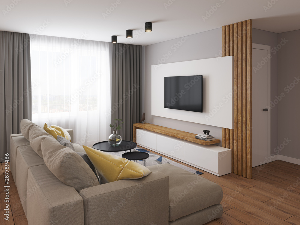 3D visualization of the interior of the living room in a modern style 3D visualization of the interior of the living room in a modern style