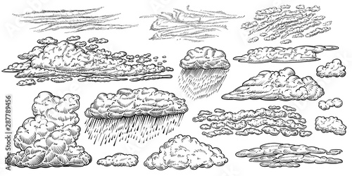 Clouds vector hand drawn set. Weather line sketches in vintage style.