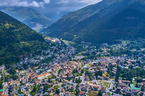 Panoramic view of the Ponte di Legno region of Trento the north of Italy. The popular ski resort town of Ponte di Legno. Summer time of the year. Aerial view. Photo taken on a drone.