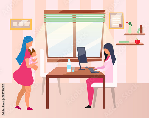 Mother and child visiting doctor flat vector illustration. Female pediatrician consulting young woman and toddler cartoon characters. Nutritionist examining overweight kid in hospital