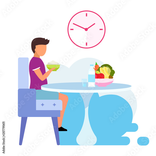 Healthy kids nutrition flat vector illustration. Teenager eating dairy products isolated cartoon character on white background. Young lacto-vegetarian consuming fresh fruits and vegetables