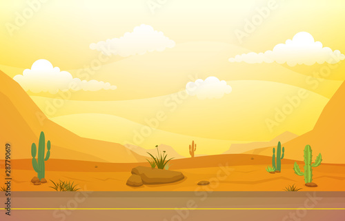 Beautiful Western Desert Landscape with Sky Rock Cliff Mountain Vector Illustration