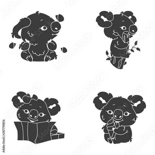 Cute koala kawaii character glyph icons set. Adorable and funny animal in gift box, eating ice cream sticker. Anime baby koala sitting on branch emoji silhouette. Vector isolated illustration