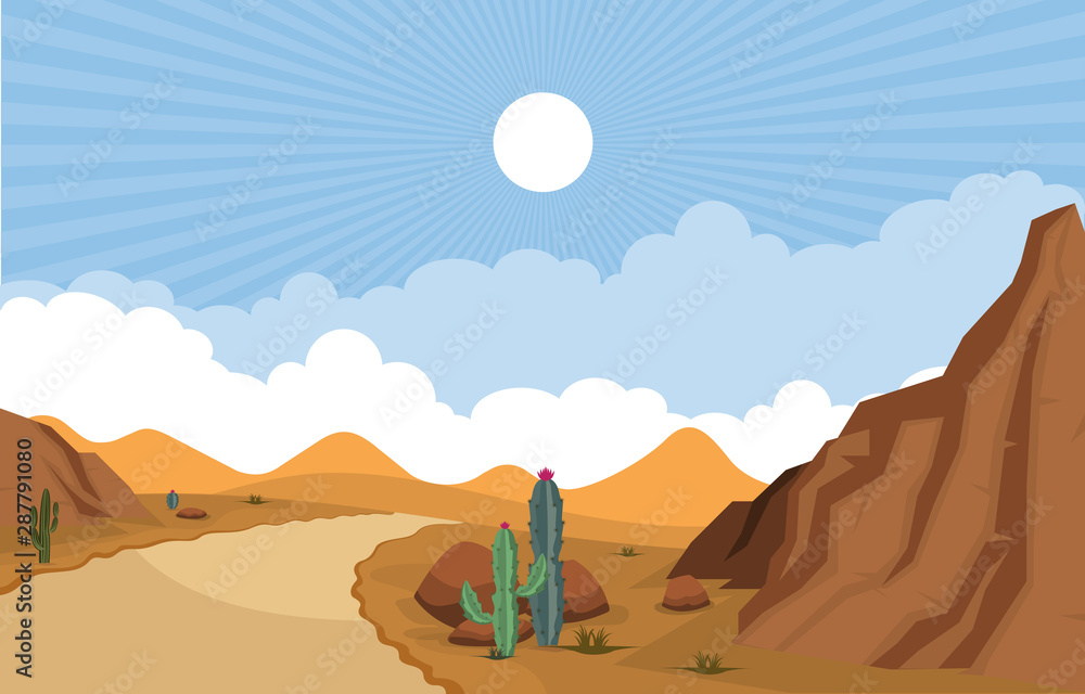 Fototapeta Beautiful Western Desert Landscape with Sky Rock Cliff Mountain Vector Illustration