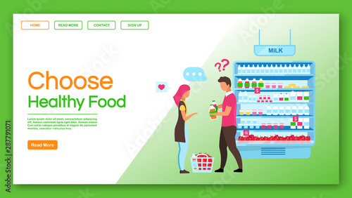 Choose healthy food landing page vector template. Family shopping, consumerism website, webpage. Consumers buying products, couple doing purchases in grocery store cartoon character