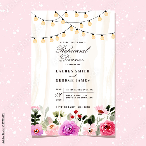 rehearsal dinner invitation with floral watercolor and string light background