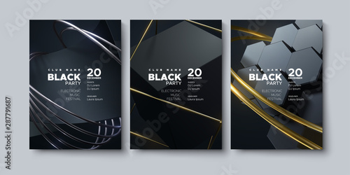 Electronic music festival. Modern posters design. Black party invitation. Abstract background. Black, golden and silver geometric shapes. Vector illustration. Club invitation template.