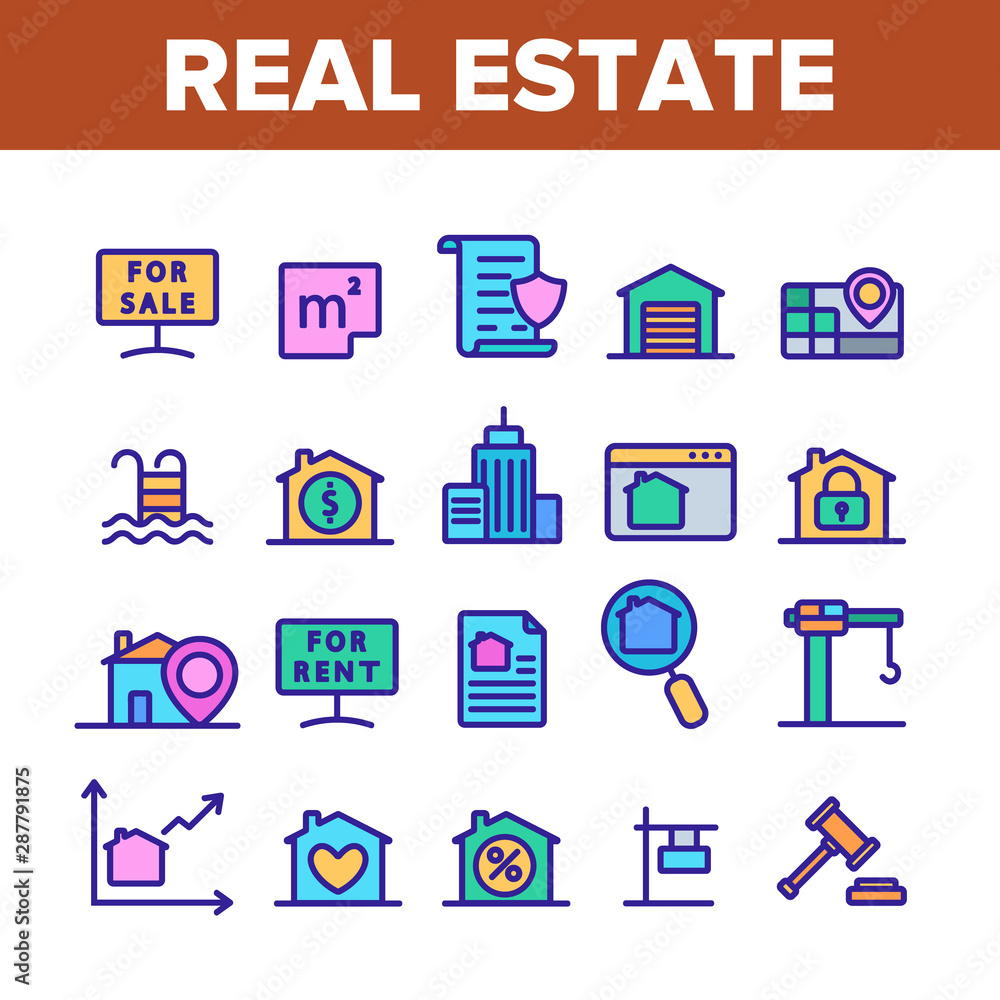 Collection Real Estate Elements Vector Icons Set Thin Line. Building And House, Map And Plan, Garage And Swimming Pool Real Estate Concept Linear Pictograms. Monochrome Contour Illustrations