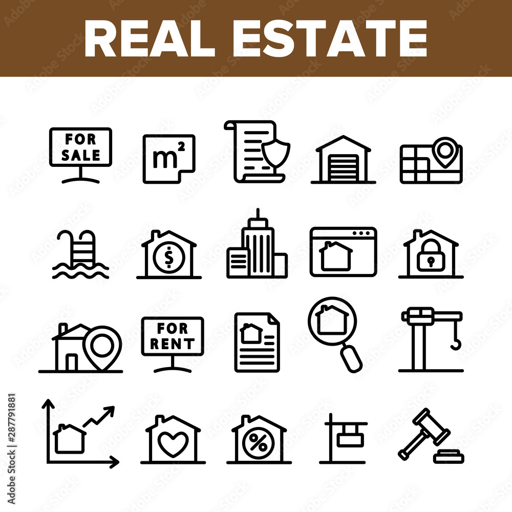 Collection Real Estate Elements Vector Icons Set Thin Line. Building And House, Map And Plan, Garage And Swimming Pool Real Estate Concept Linear Pictograms. Monochrome Contour Illustrations Collection Real Estate Elements Vector Icons Set Thin Line. Building And House, Map And Plan, Garage And Swimming Pool Real Estate Concept Linear Pictograms. Monochrome Contour Illustrations