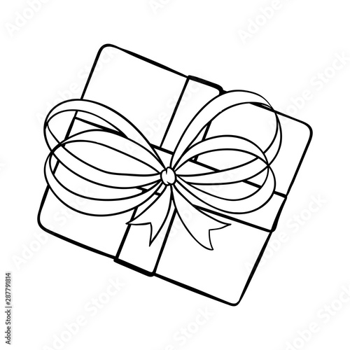 Birthday present hand drawn vector illustration. Special occasion, anniversary celebration outline symbol. Gift box with ribbon bow top view colouring picture. Christmas, b day attribute