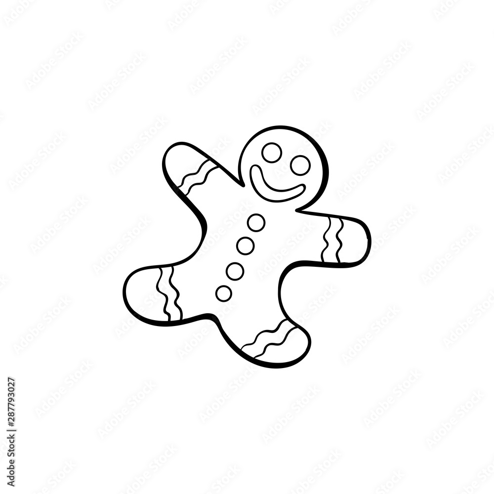 Obraz premium Gingerbread man hand drawn vector illustration. Tasty human shaped smiling cookie colouring picture. Traditional homemade snack, christmas biscuit outline drawing. Delicious pastry, bakery product