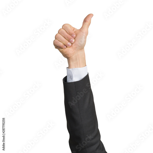 Businessman hand in suit showing thumb up gesture
