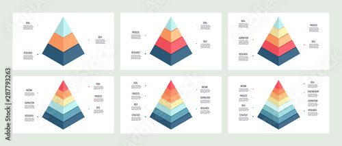 Business infographics. Pyramid charts with 3, 4, 5, 6, 7, 8 steps, options, layers, levels. Vector diagrams.