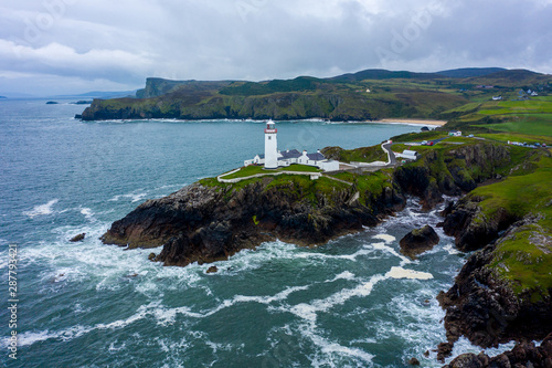Aerial view, Fanad Lighthouse at Fanad Head was built 1818 in response to the sinking of the frigate Saldanah in Lough Swilly in 1804.