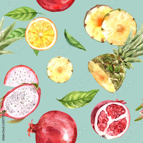 Pattern design with yellow and red fruits watercolor, colorful  illustration design template