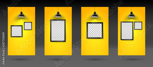 Social stories template. Picture frame on yellow wall with hanging lamp. Blank photo frame or poster template. Photo art gallery mockup.