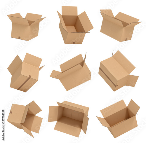 flying open cardboard box on white backgroaund 3d rendering