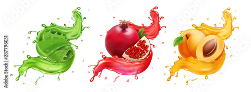 Pomegranate, apricot aloe splash of juice. Healthy food, Natural fruit beverage 3d realistic vector icon set photo