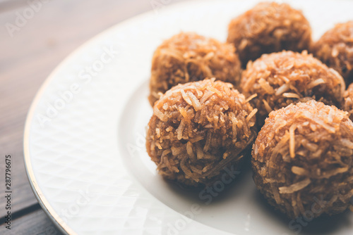 Jaggery coconut Laddoo / Nariyal gur ke laddu, indian sweet food for festivals like rakshabandhan/rakhi pournima
