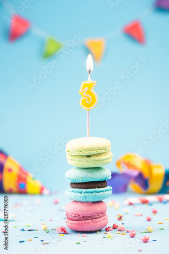 Third 3rd Birthday Card with Candle in Colorful Macaroons and Sprinkles. Card Mockup.