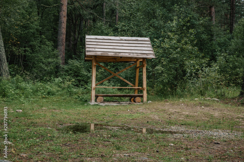 wooden gazebo standing deep in the forest