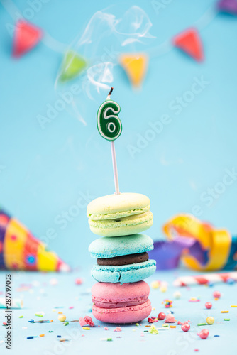 Sixth 6th Birthday Card with Candle Blown Out in Colorful Macaroons and Sprinkles. Card Mockup.