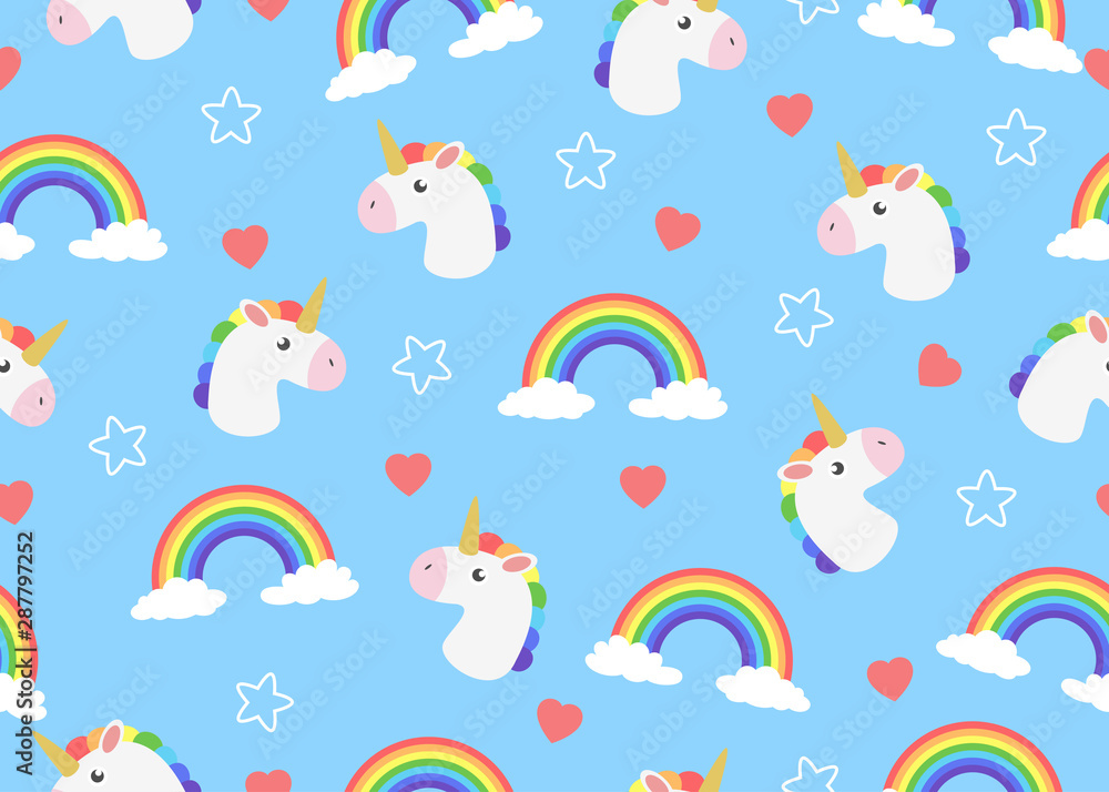 Seamless pattern of cute face cartoon unicorn with clouds and rainbow  background - Vector illustration.