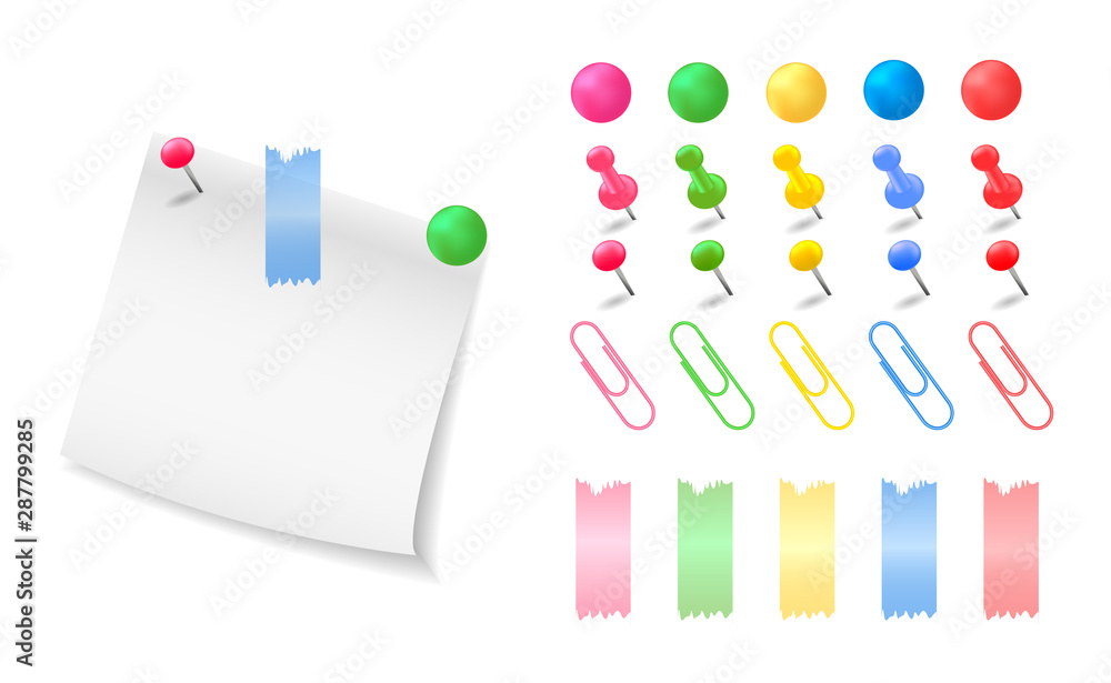 Collection colorful buttons, pins and clips. Paper note. Vector illustration. Collection colorful buttons, pins and clips. Paper note. Vector illustration.