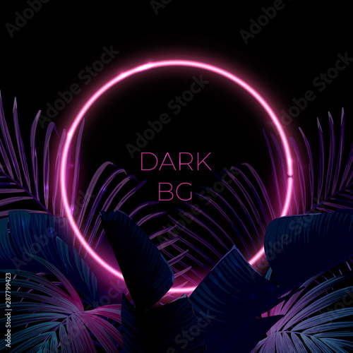 Dark blue and violet tropical party design with palm leaves and neon light. Summer night vector illustration.