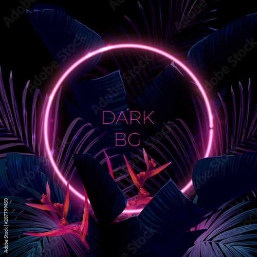 Dark blue and violet tropical party design with palm leaves and neon light. Summer night vector illustration.