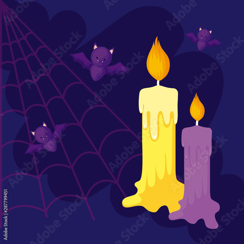 bats flying with candles in scene halloween