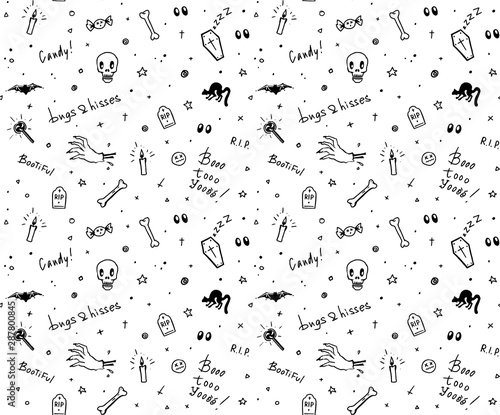 Hand drawn black and white Halloween seamless pattern design for card, fabric or wrapping paper with traditional spooky symbols and handlettering. Vector illustration.